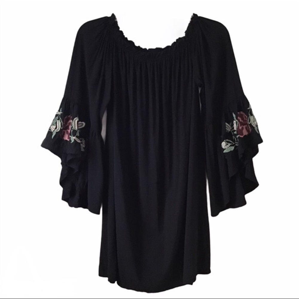 Blue Rain Embroidered Bell Sleeve Dress